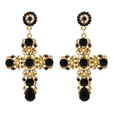 Over-sized Jeweled Cross Drop Earrings